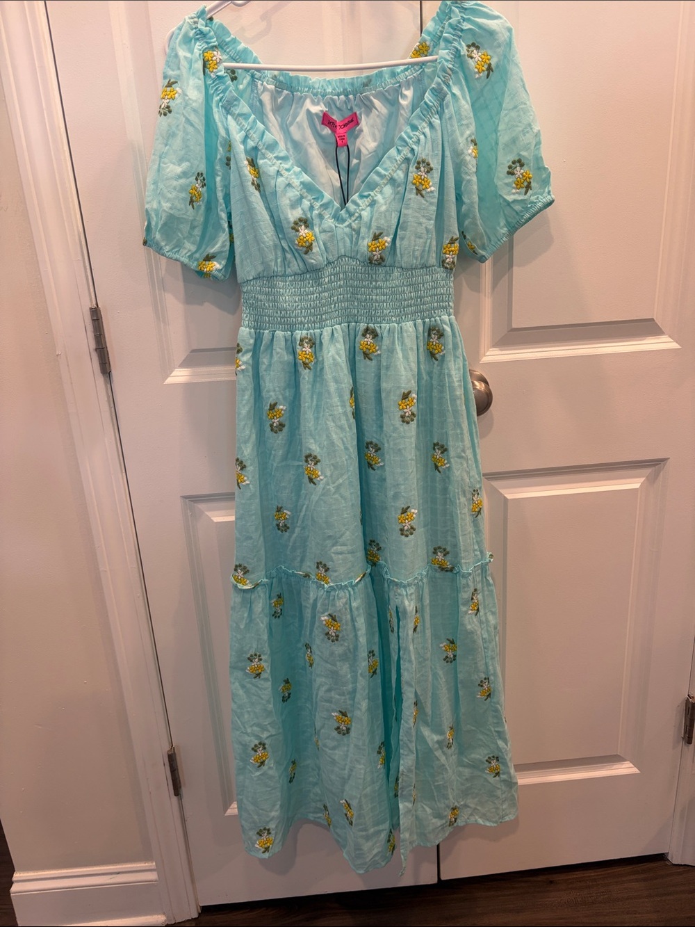 Betsey Johnson Aqua Maxi Dress with Yellow Floral Embroidery